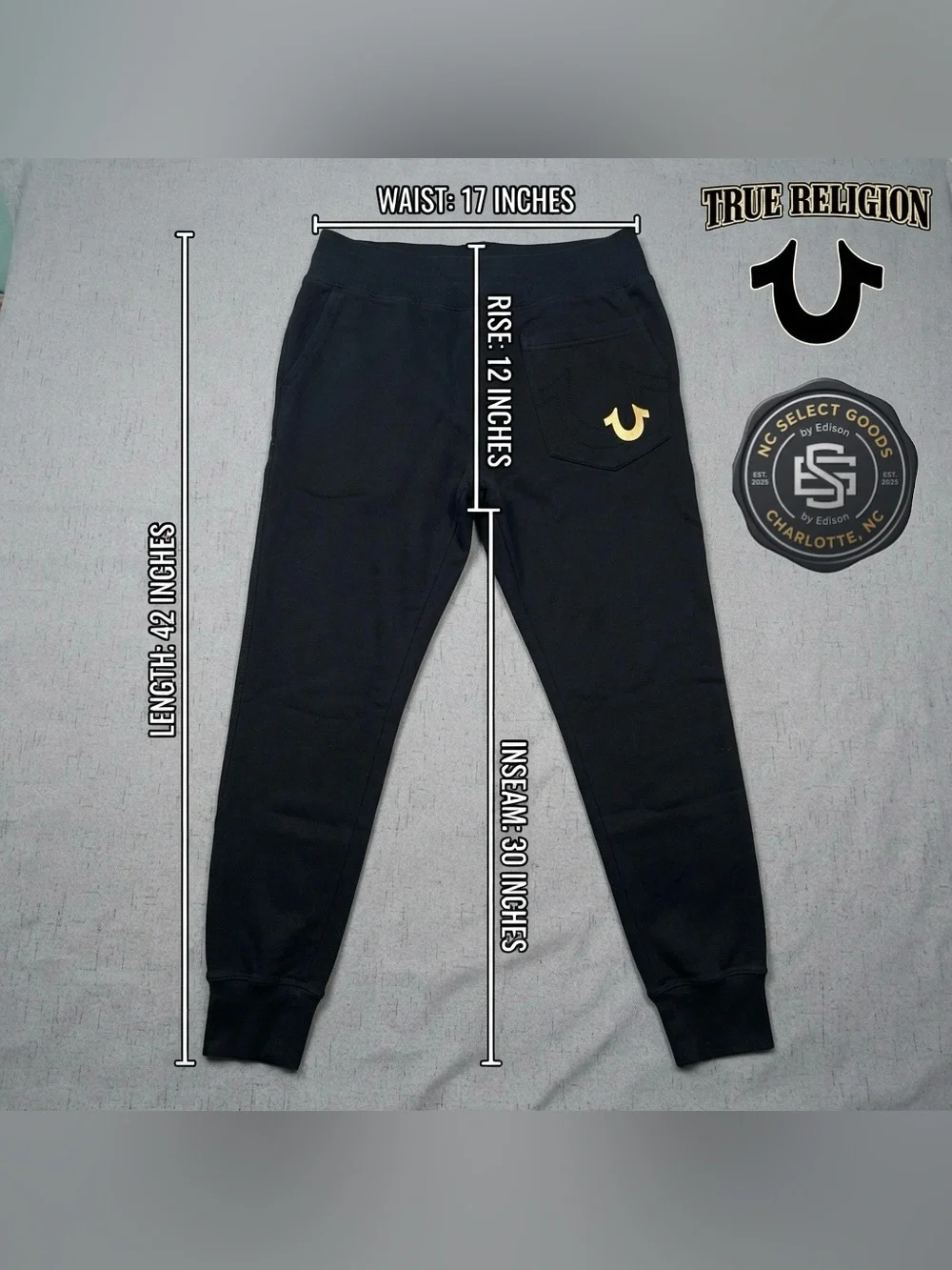 True Religion Unisex Black Joggers Gold Metallic Horseshoe Logo Size M